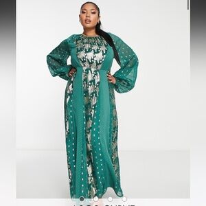 New! ASOS Metallic jacquard midi dress in green and gold, Size 14